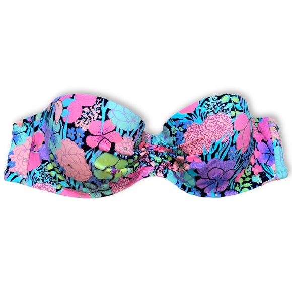 Victoria's Secret Bikini Swim Top Strapless Push Up Ruching Black Floral SZ 32B